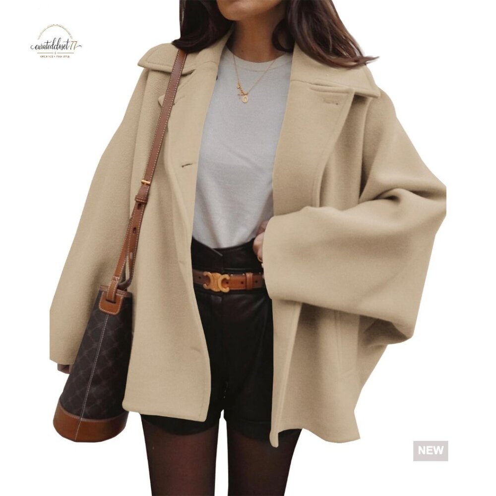 Oversized Pea Coat Classic Notch Lapel Single Breasted Wool Blend Jacket